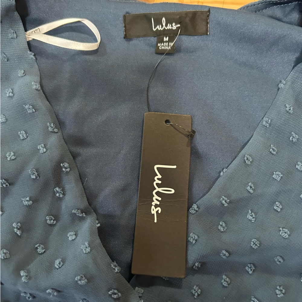 NWT Next to You Slate Blue Swiss Dot Ruffled Midi Dress - Picture 7 of 9
